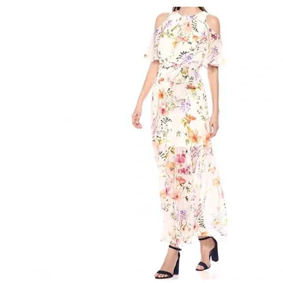 NEW Calvin Klein Cold Shoulder floral chiffon Maxi Dress with Self-sash Waist - Picture 1 of 12